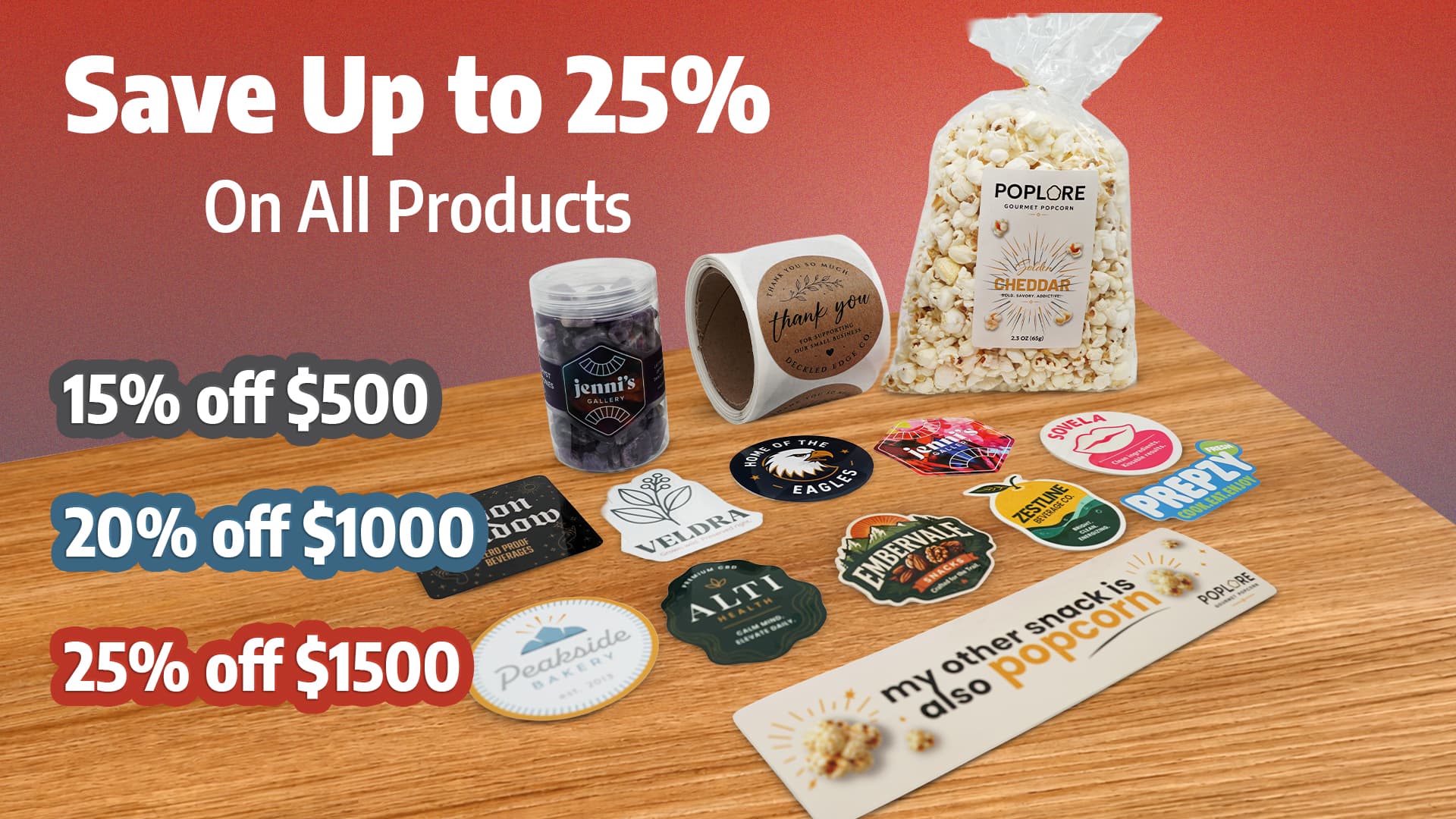 Custom stickers and labels displayed with tiered savings of 15%, 20% and 25% off.