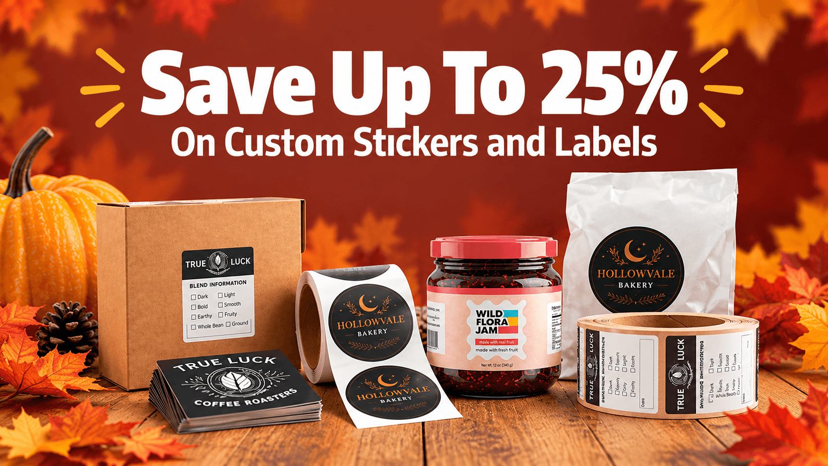 Halloween sale offering up to 25% off custom stickers and labels, featuring custom product labels, sticker rolls, and packaging with an autumn background.