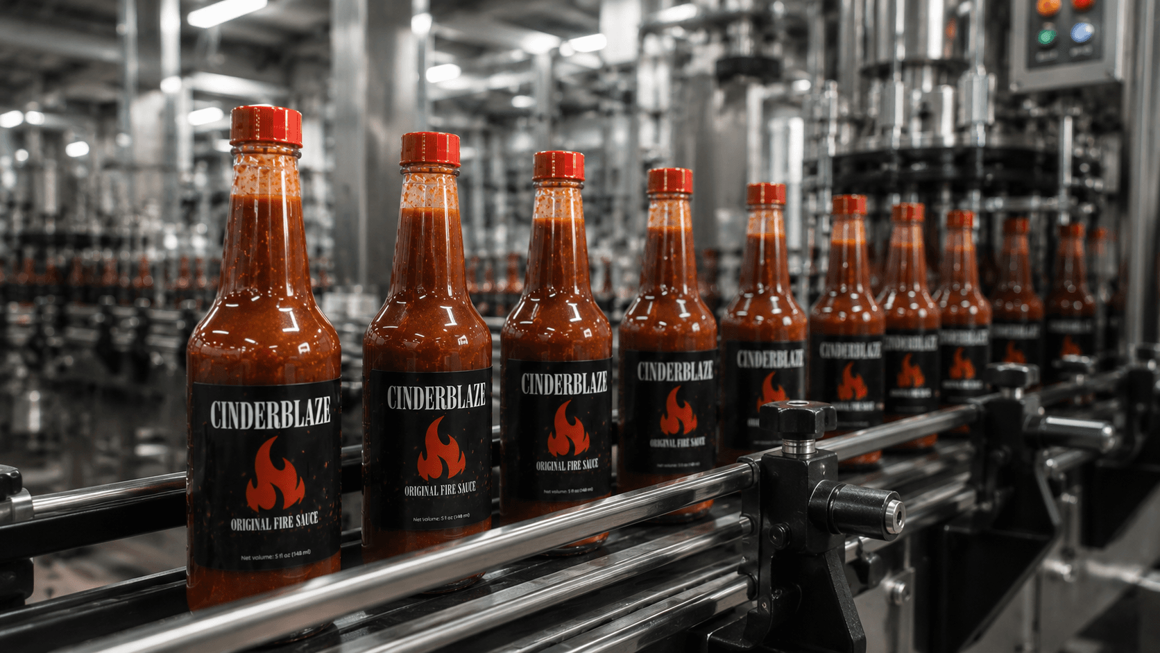 Multiple CinderBlaze Original Fire Sauce bottles moving through an automated bottling and labeling production line in a modern manufacturing facility.