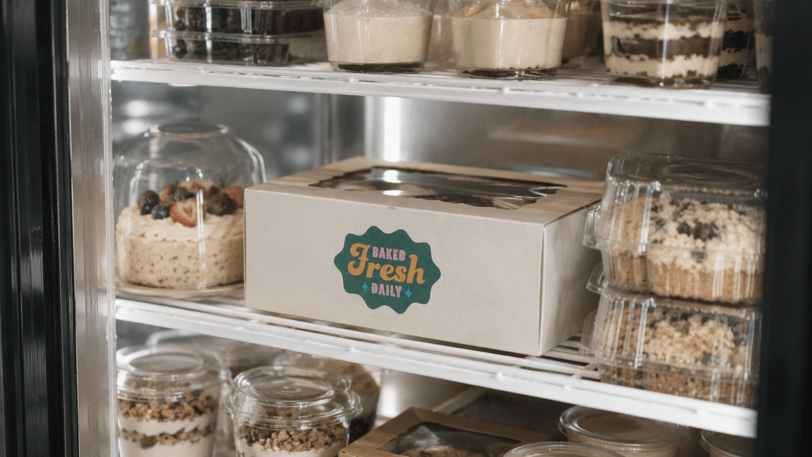 Baked Fresh Daily bakery box displayed with refrigerated desserts in a bakery display case.