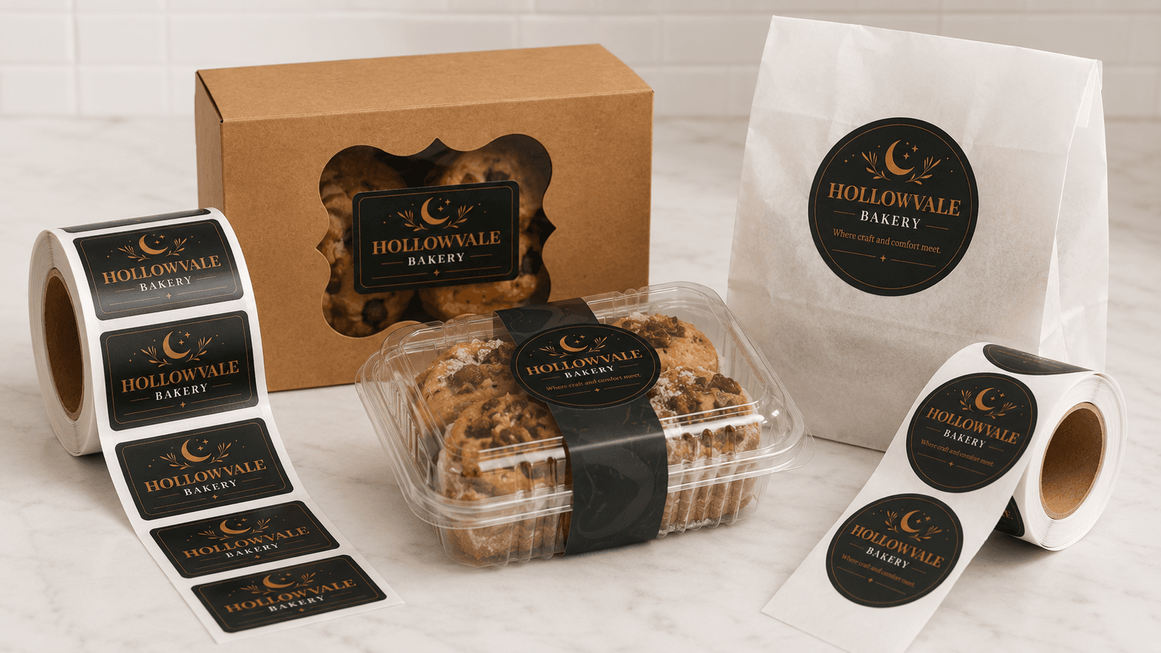 Custom bakery labels applied to cookie packaging, bakery boxes, and paper bags in a retail bakery setting.