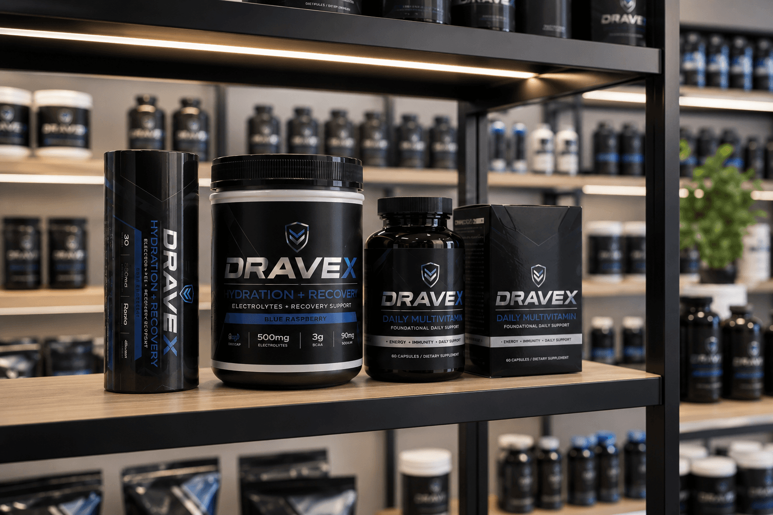 Premium retail display of custom supplement labels applied to vitamin bottles, protein powder containers, and wellness packaging on a modern store shelf.