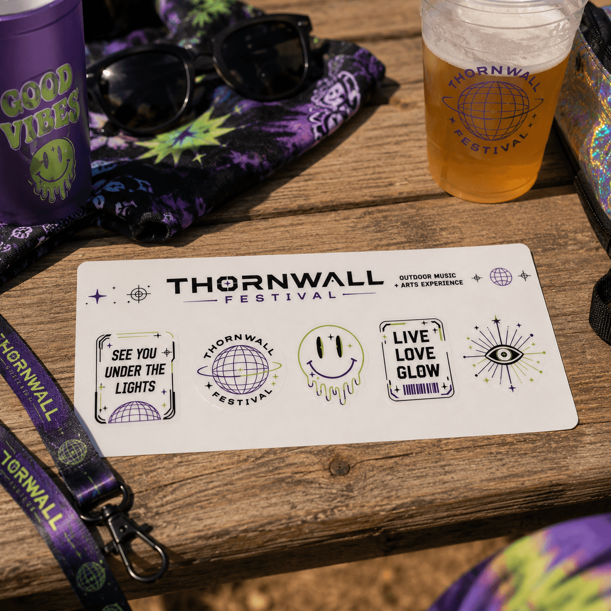 Custom festival sticker sheet displayed on an outdoor picnic table with festival accessories in a music festival setting.