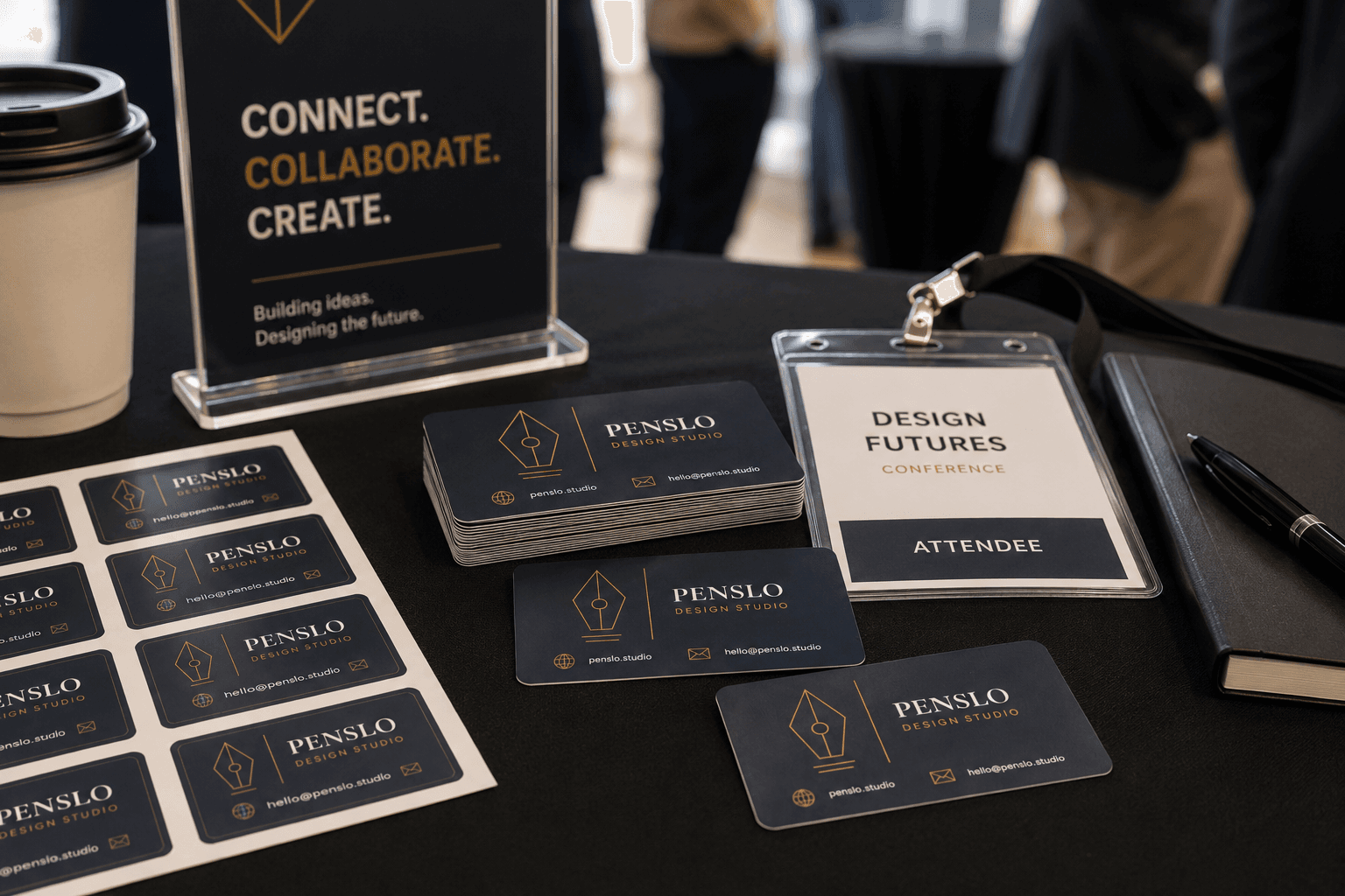 Business card stickers displayed on a conference networking table with event badge, branded signage, and stacked stickers in a professional event setting.