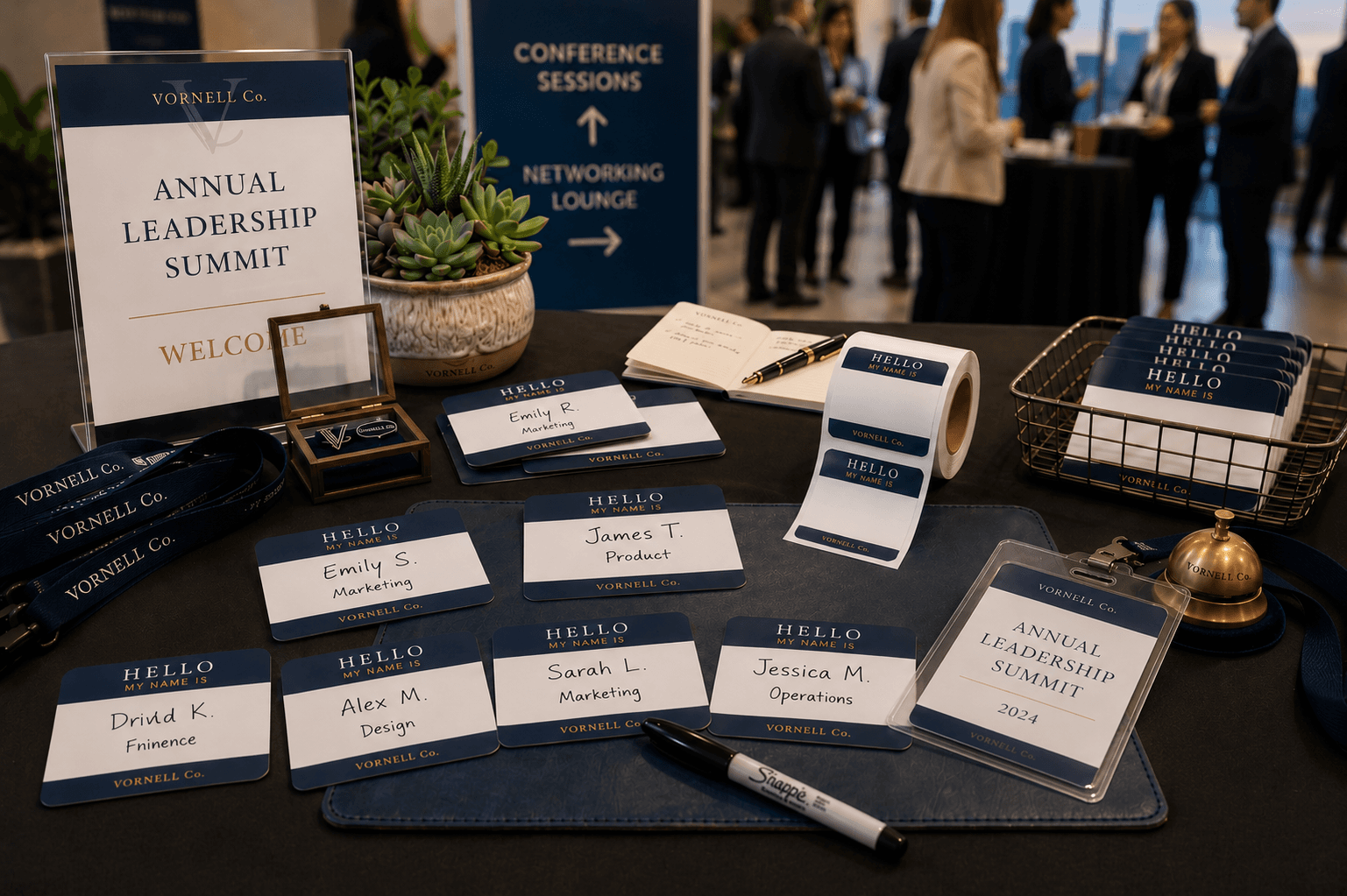 Custom name tag stickers and conference registration materials on an event check-in table.