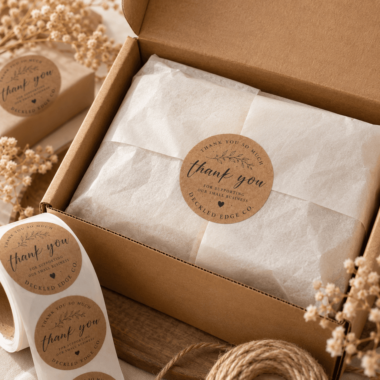 Custom kraft paper label sealing tissue paper inside a retail shipping box.