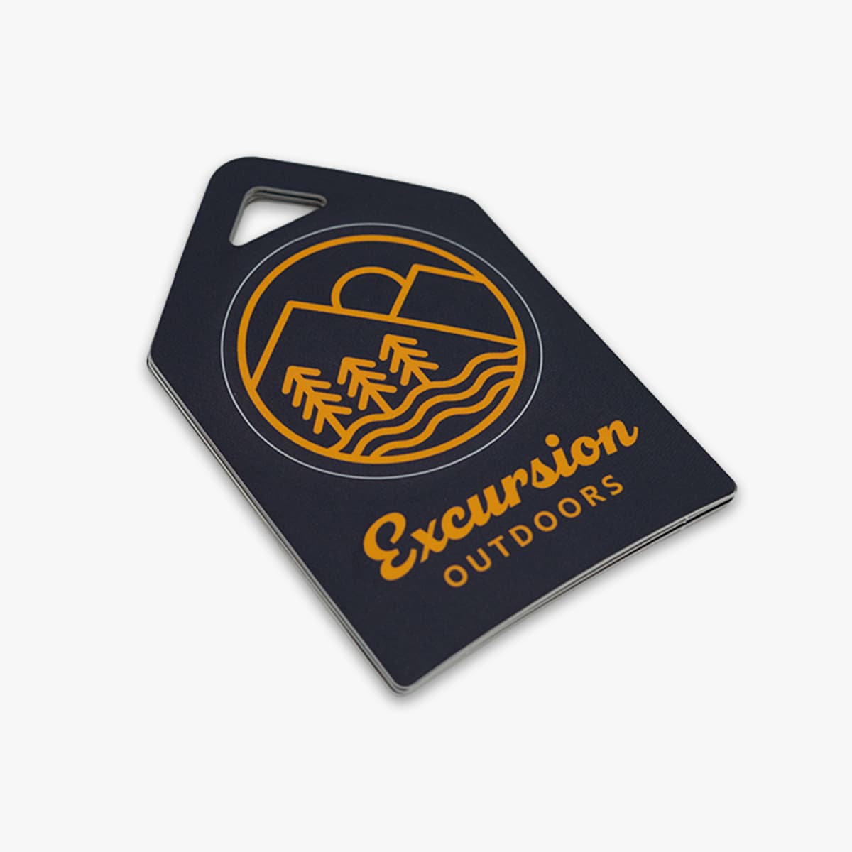 Stack of custom hang tag sticker sheets with an outdoor mountain design