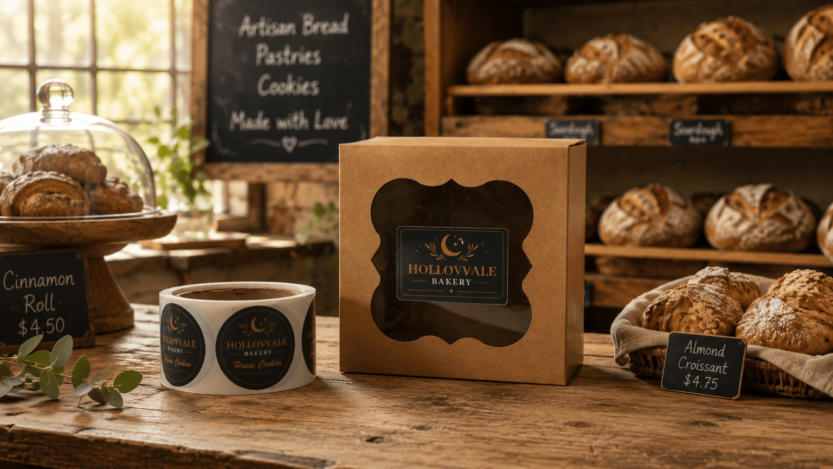 Hollovvale Bakery branded cookie box and labels in a rustic bakery setting.