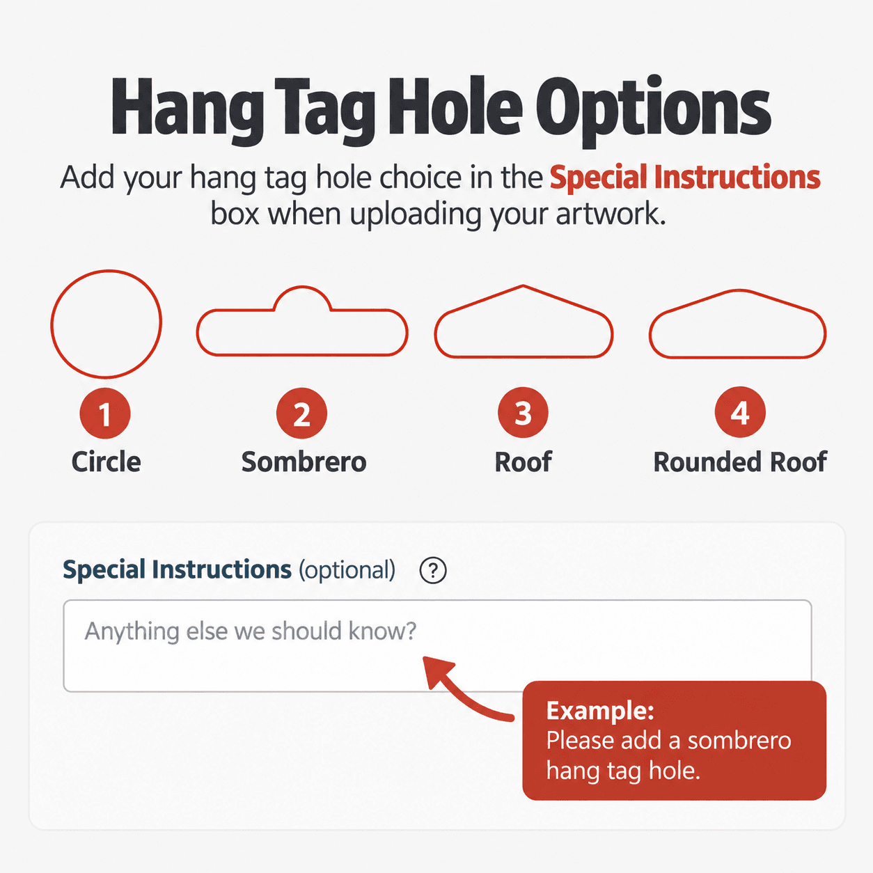 Four standard hang tag sticker hole options: Circle, Sombrero, Roof, and Rounded Roof, with instructions to specify the preferred hole shape in the Special Instructions box when uploading artwork.