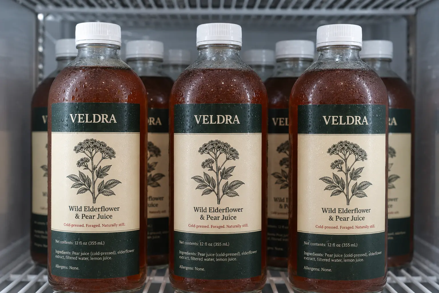 Custom waterproof beverage labels on bottled juice displayed in a refrigerated retail cooler.