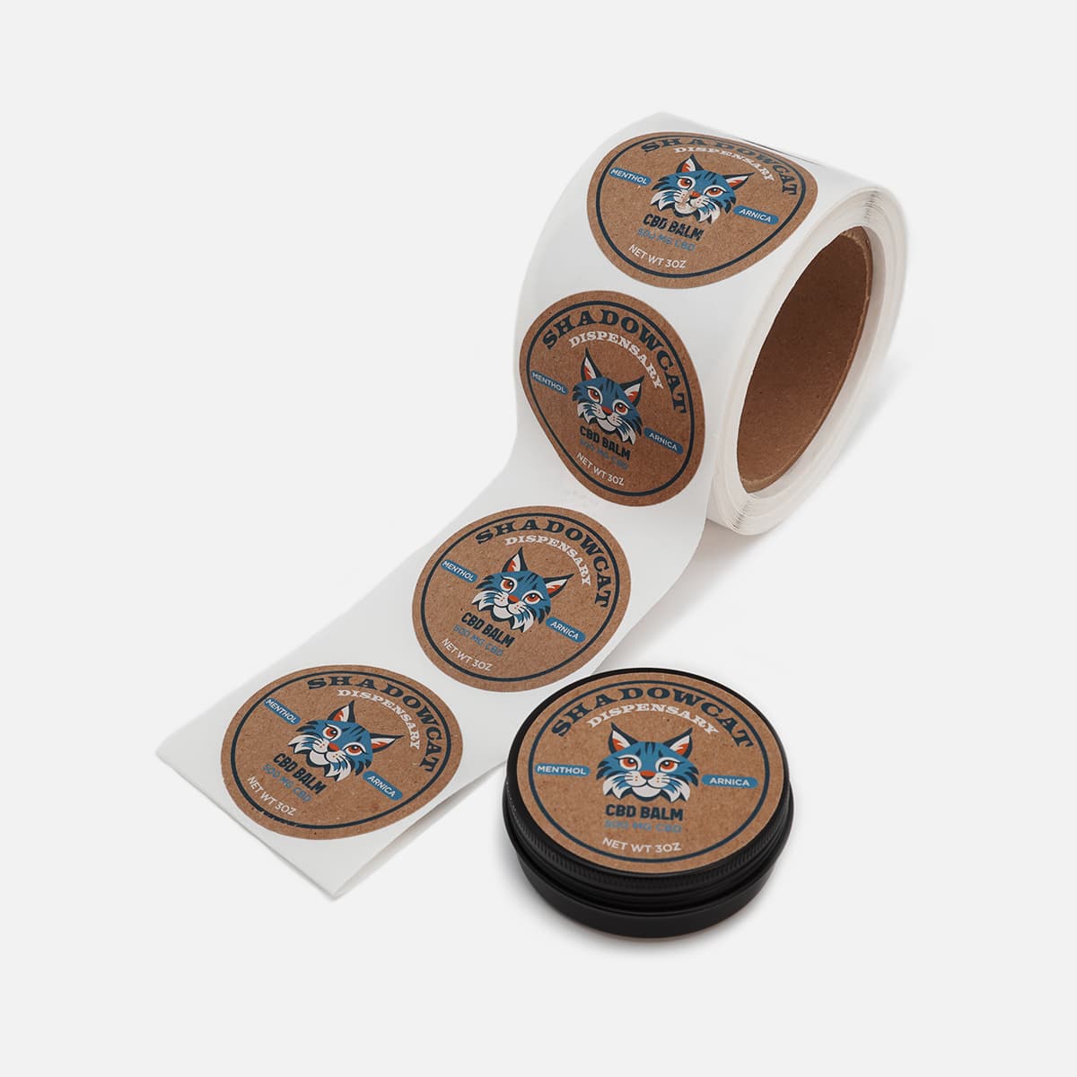 Custom kraft paper roll labels applied to CBD balm packaging for health and wellness products, featuring a natural paper finish for premium branding.