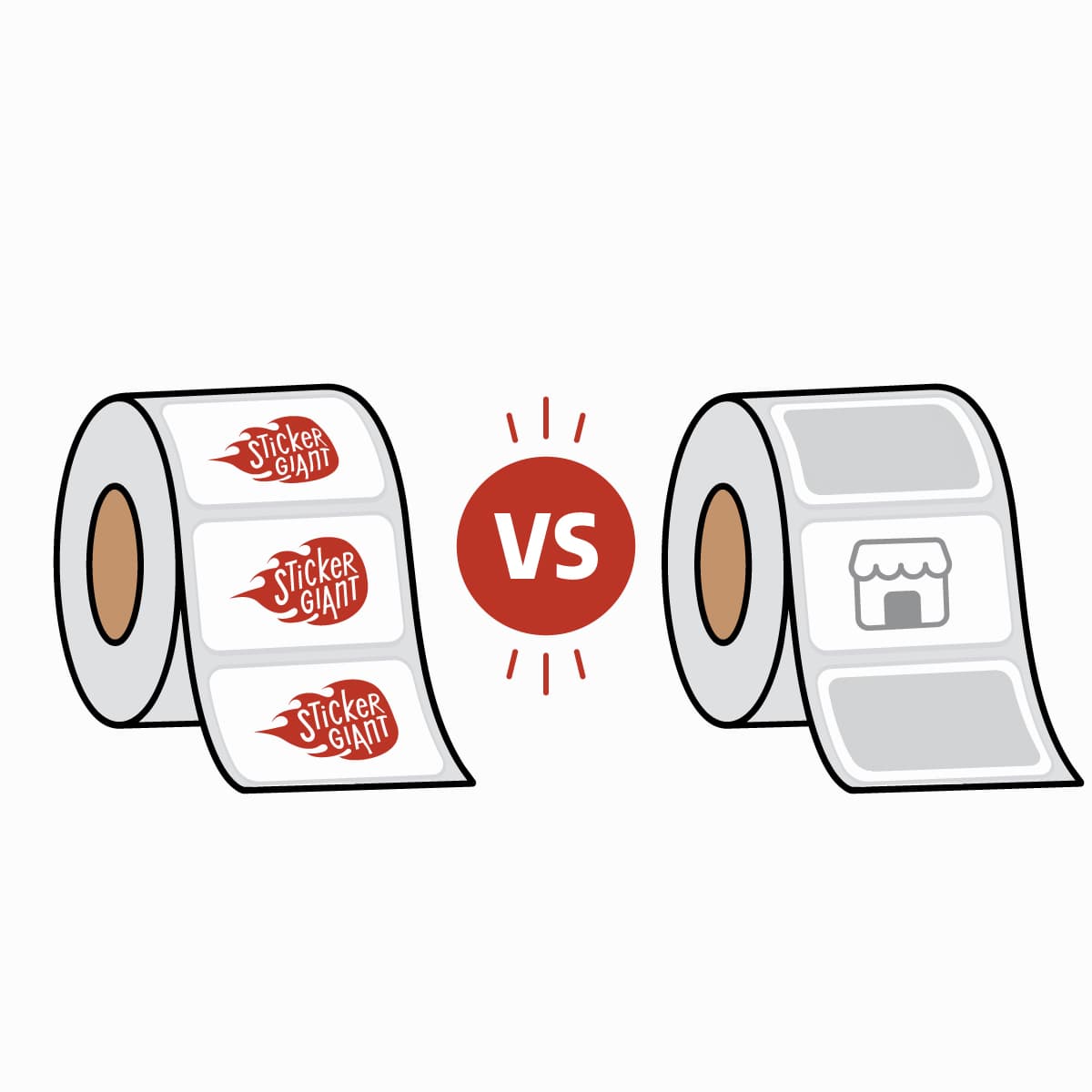 StickerGiant competitor comparison illustration with side-by-side comparison sticker rolls