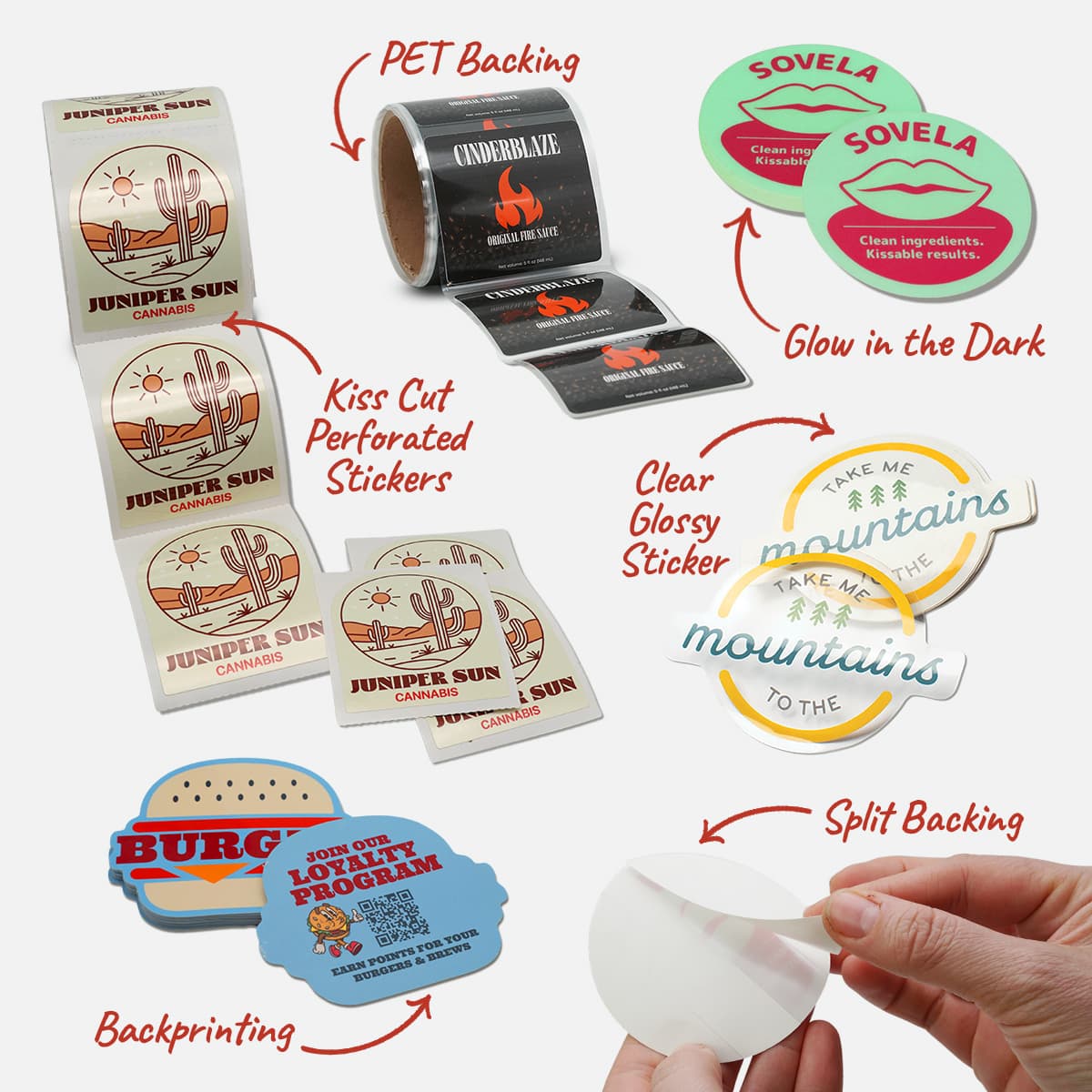 StickerGiant sticker features and options compared with Sticker Mule, including PET backing, perforations, split backing, backprinting and specialty materials.
