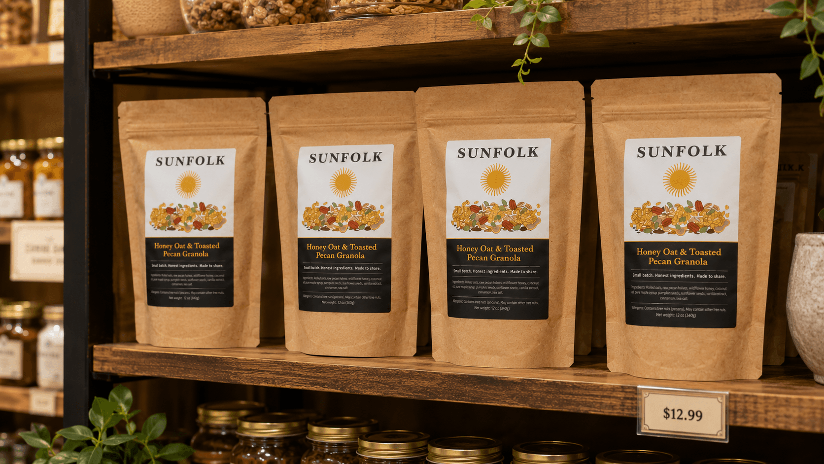 Multiple Sunfolk Honey Oat & Toasted Pecan Granola pouches displayed on a retail shelf in a specialty grocery store