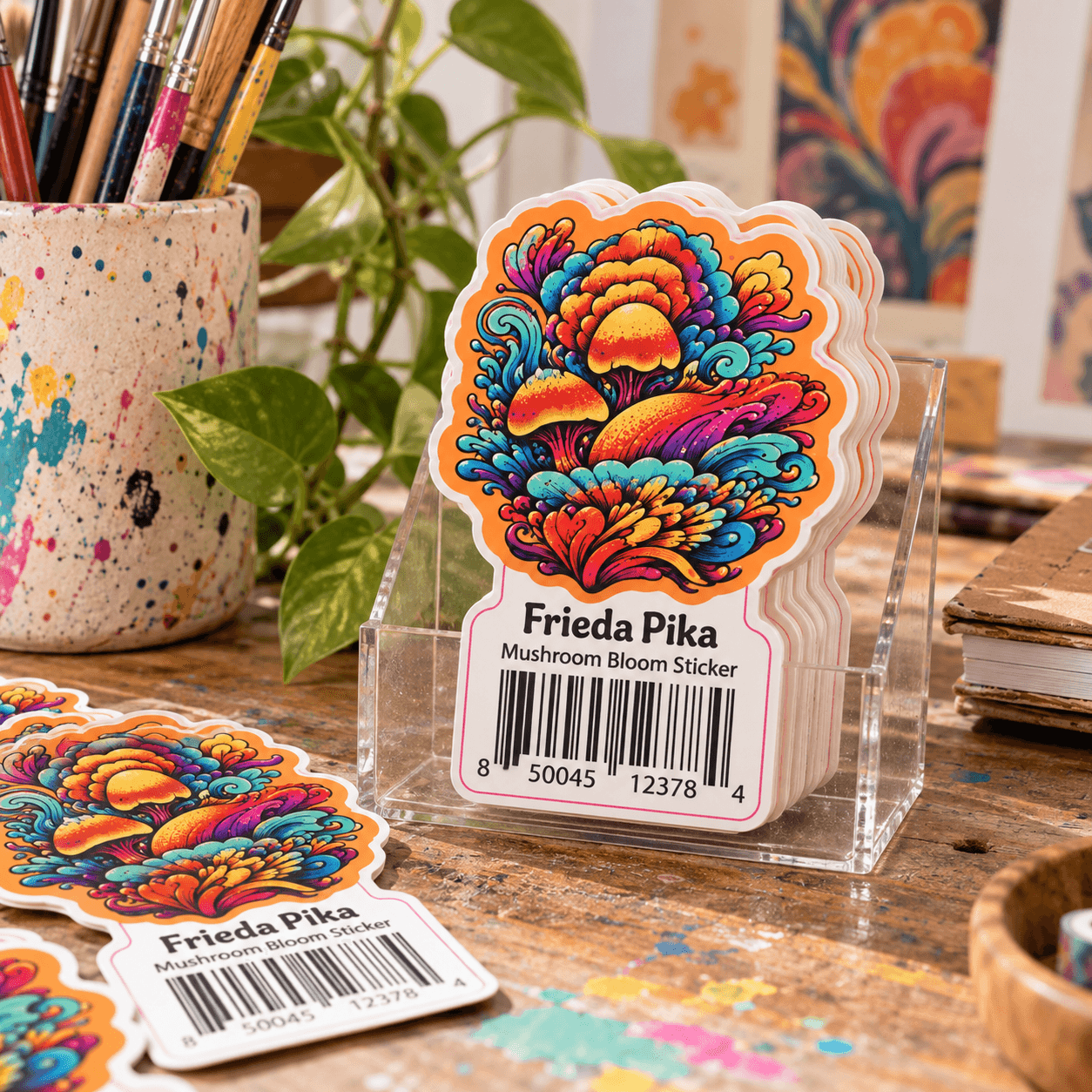 Custom retail stickers with UPC sections displayed on an art studio counter.