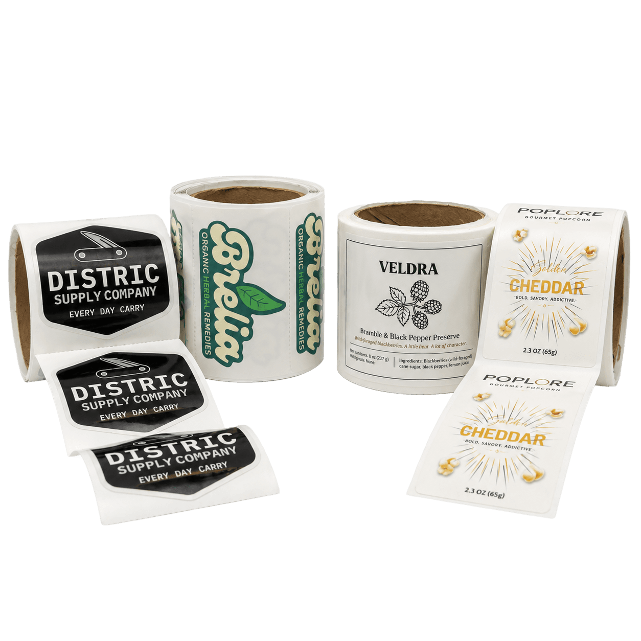 Custom roll labels and kiss cut rolled stickers for food packaging, retail products, and consumer goods.