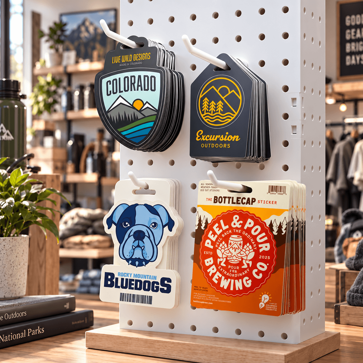Custom Hang Tag Stickers featuring outdoor designs and a BlueDogs sticker displayed on retail pegboard hooks in a gift shop.