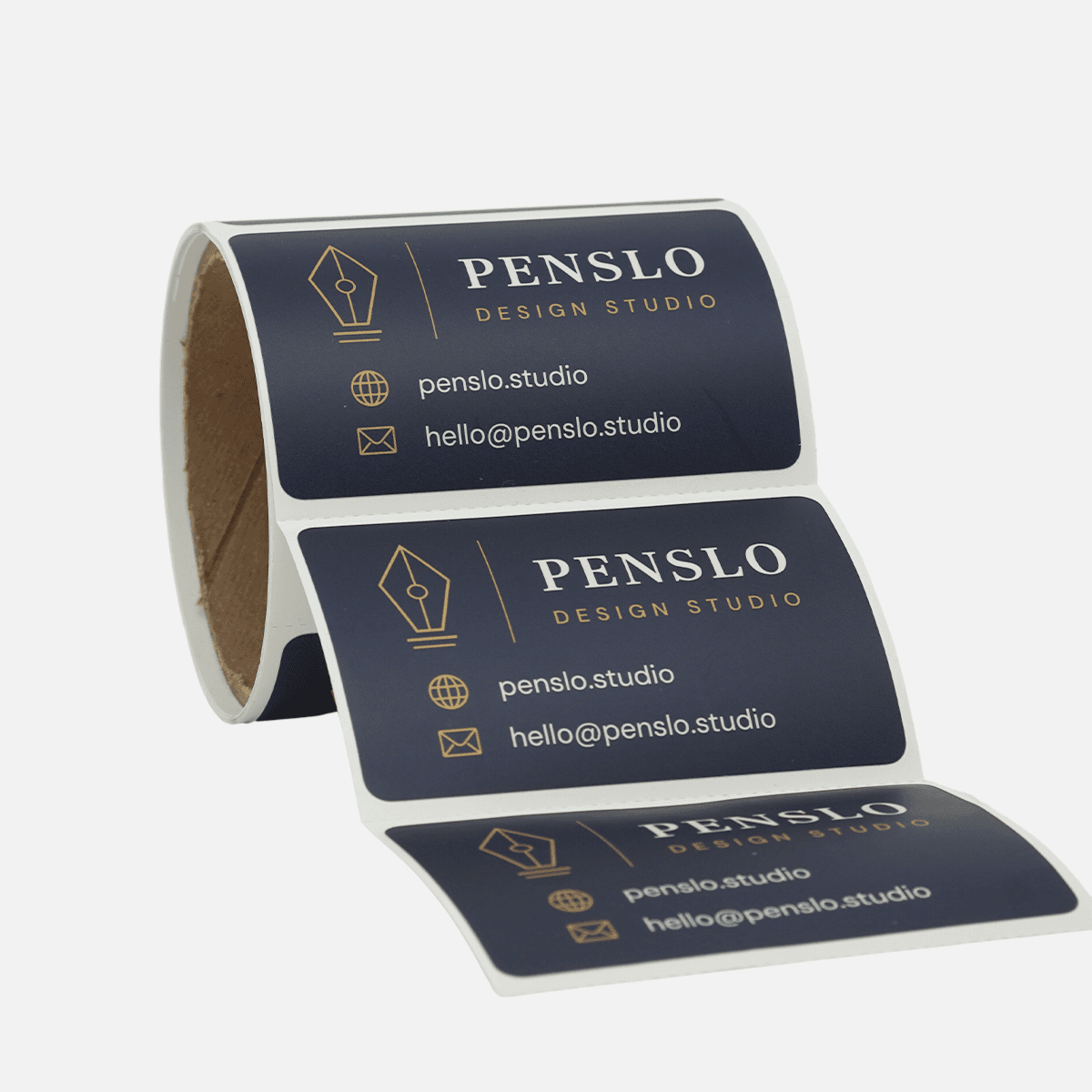 Roll of custom business card stickers with a professional design studio logo and contact information.