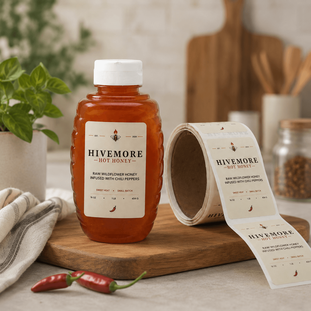 Custom honey bottle labels applied to a hot honey bottle displayed on a kitchen countertop with a roll of matching labels.