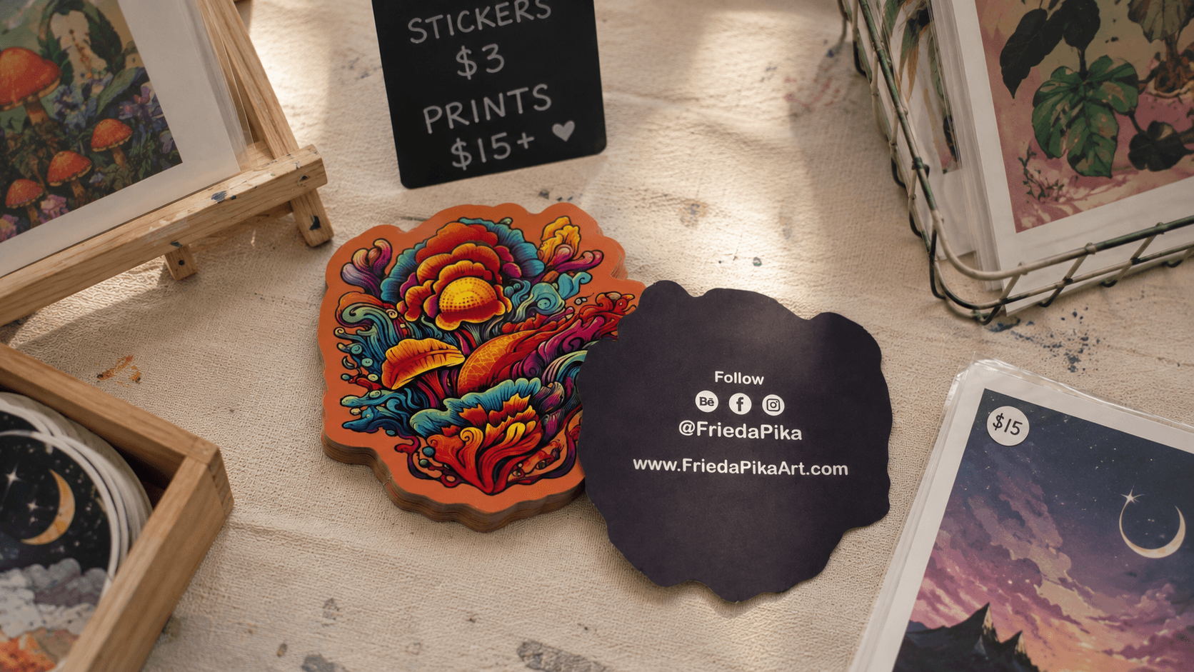 Backprinted artist stickers displayed with colorful art prints at an artist market.