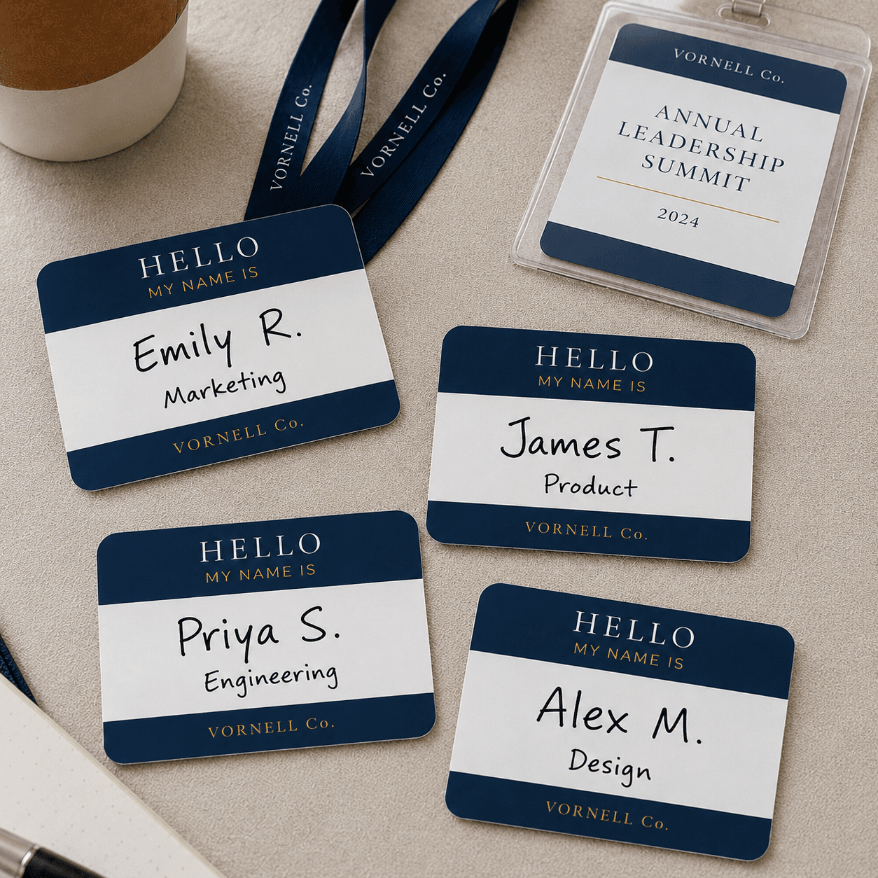 Custom name tag stickers displayed at a conference event with handwritten attendee names and departments alongside matching summit badges and lanyards.