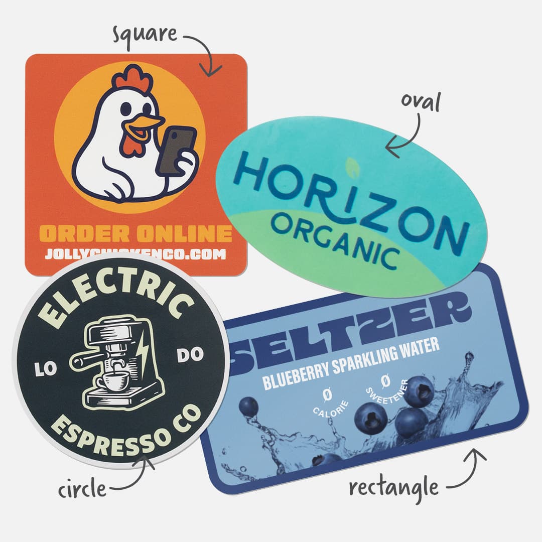 Custom stickers in square, oval, circle, and rectangle shapes with example designs arranged on a light background.