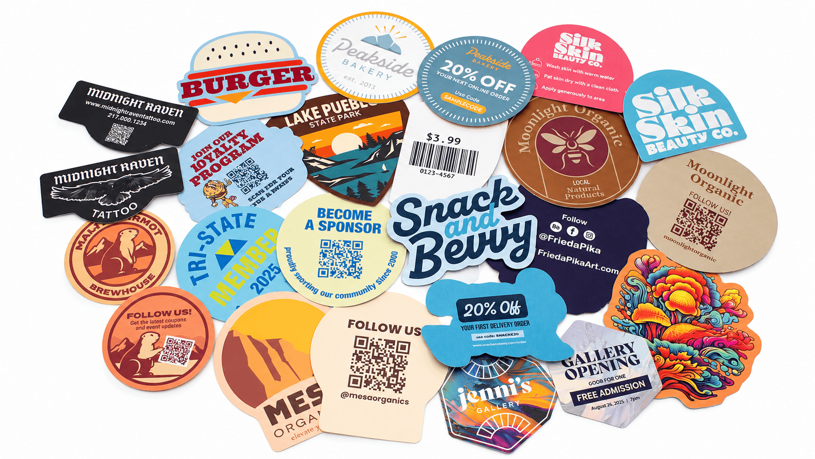 Assortment of custom backprinted stickers with QR codes, promotions, pricing, and branded designs.