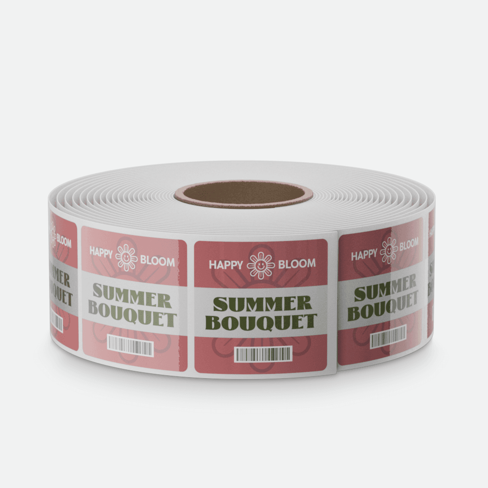 A roll of pink and white “Summer Bouquet” product labels with barcodes is displayed on a light gray background.