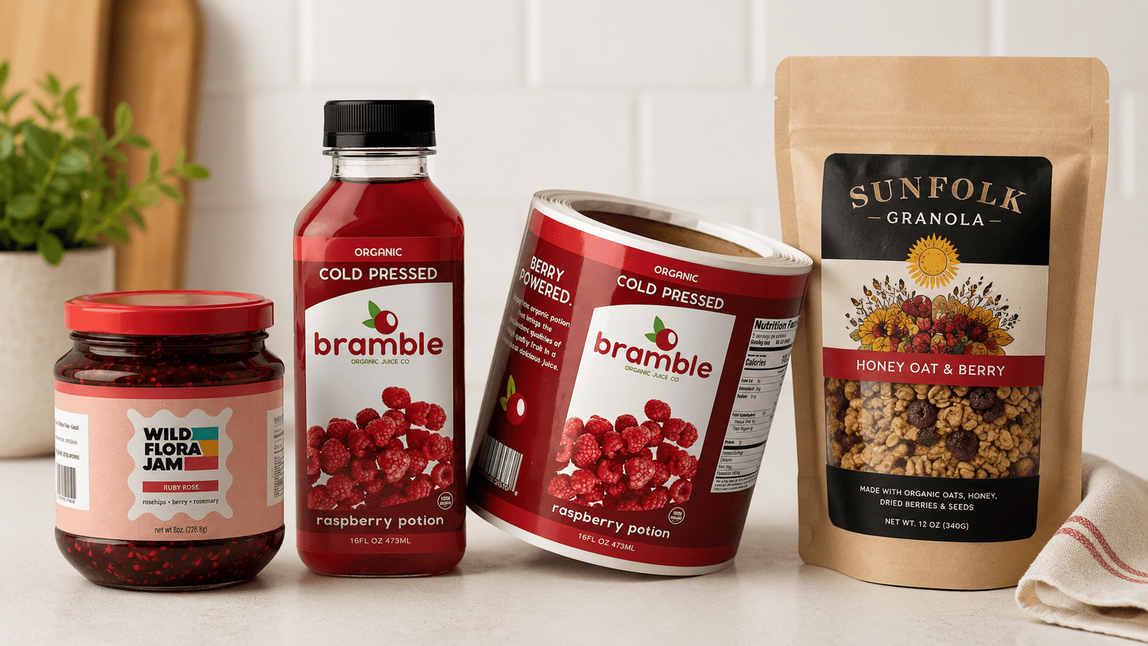 Custom food labels on a jam jar, beverage bottle, label roll, and granola pouch.