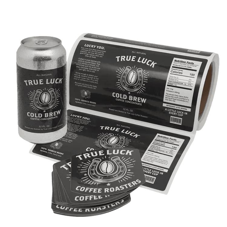 Custom cold brew coffee labels on roll stock and applied packaging with matching branded stickers, highlighting durable product labels for coffee roasters and beverage brands.