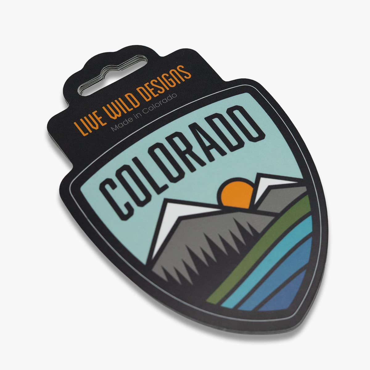 Matte hang tag sticker featuring a Colorado mountain design and retail display hole.