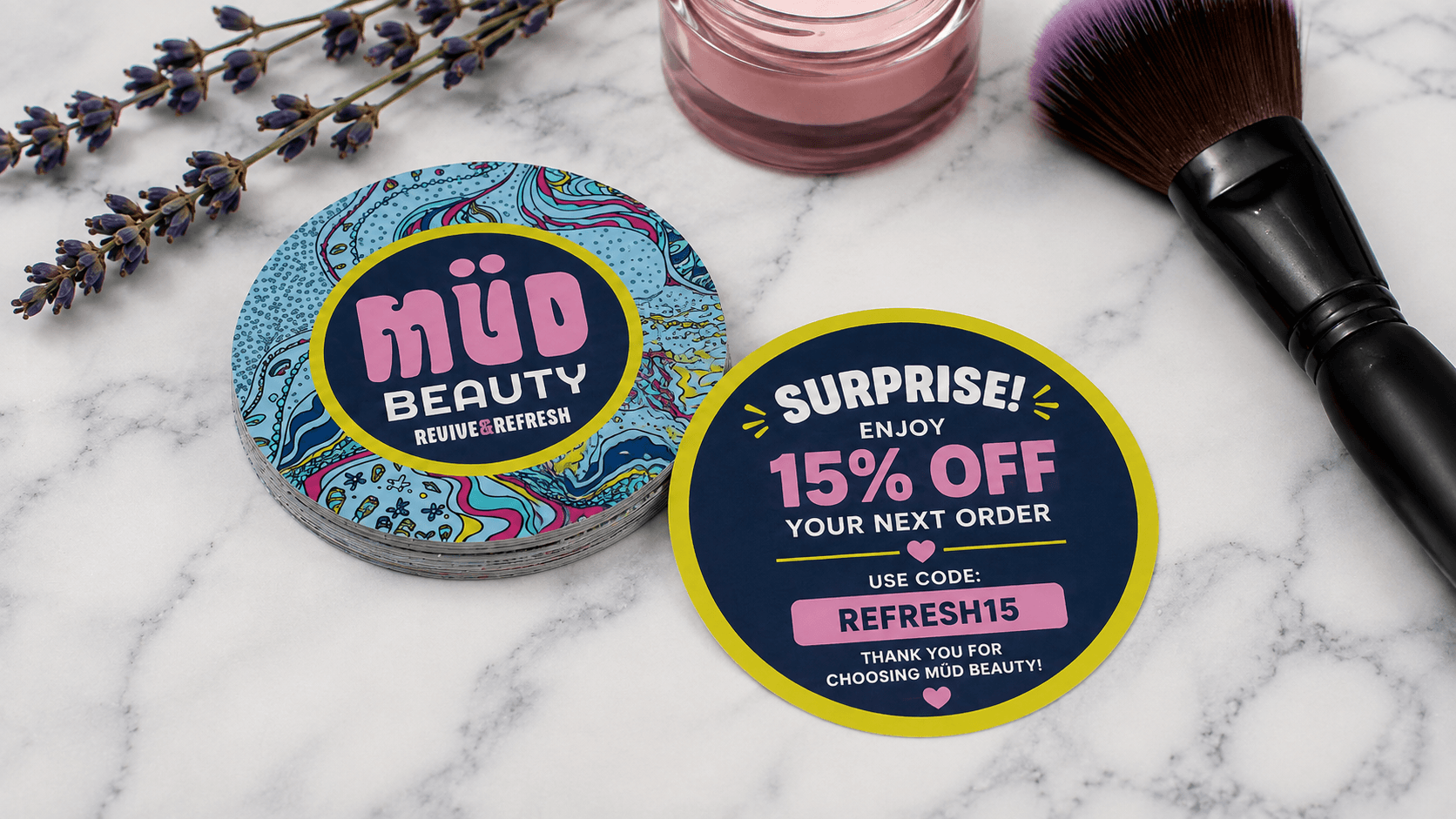 Beauty stickers with a surprise 15% off discount code printed on the back.
