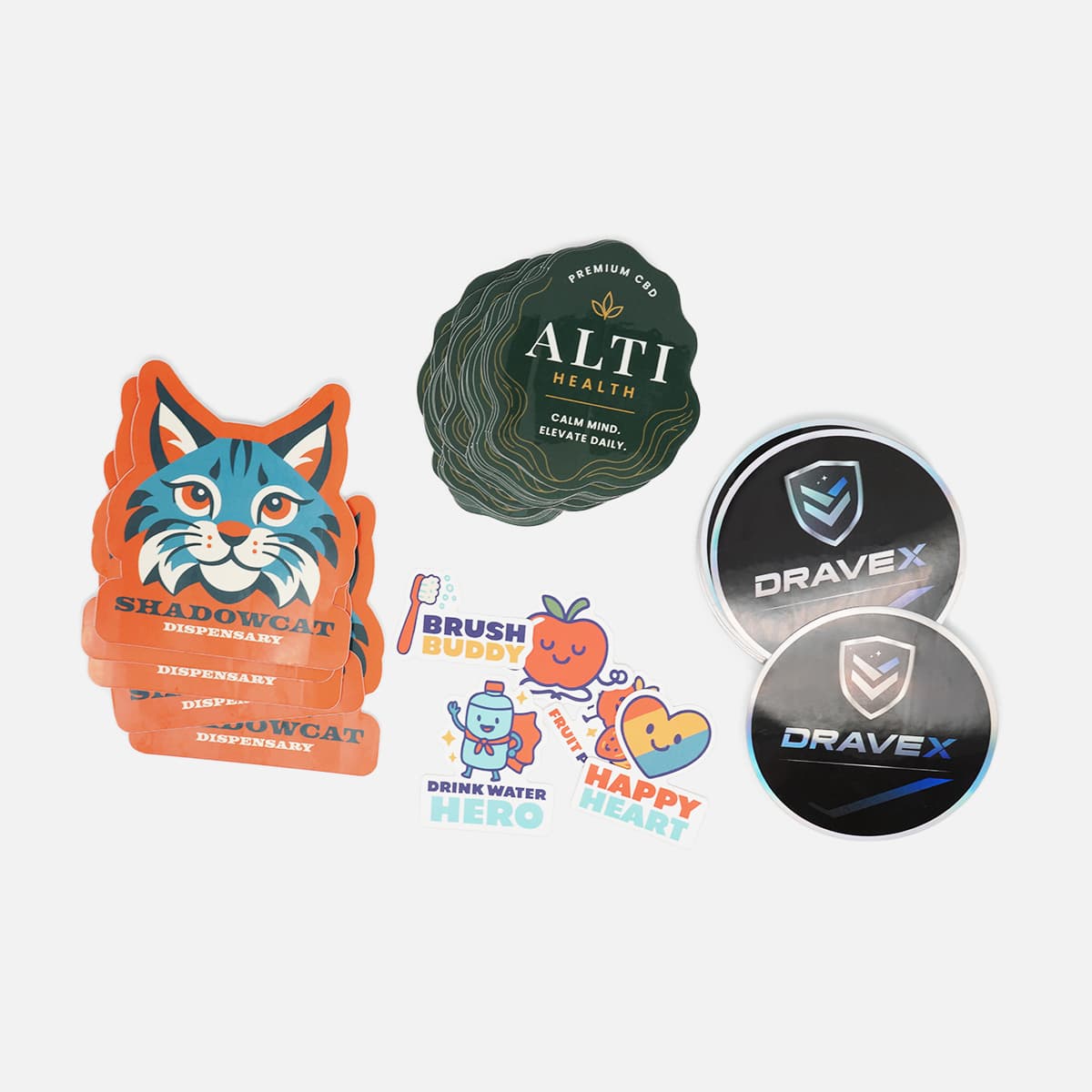 Custom die cut stickers for health, wellness, CBD, and healthcare brands featuring product branding, promotional giveaways, and educational designs.