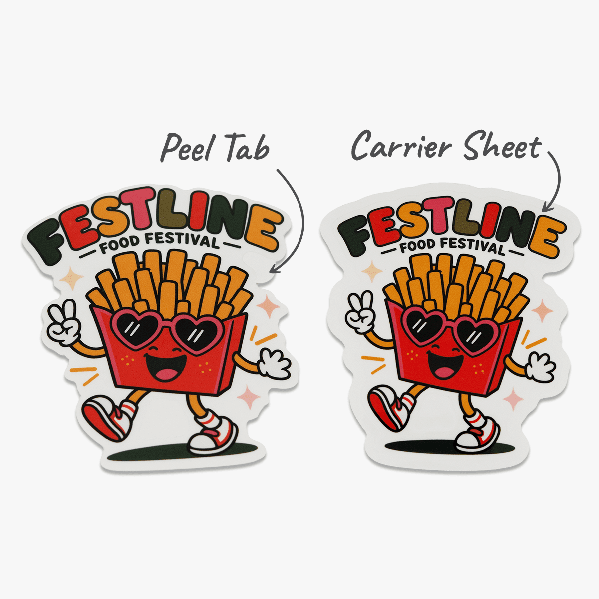 Clear sticker examples showing the difference between a peel tab and carrier sheet.