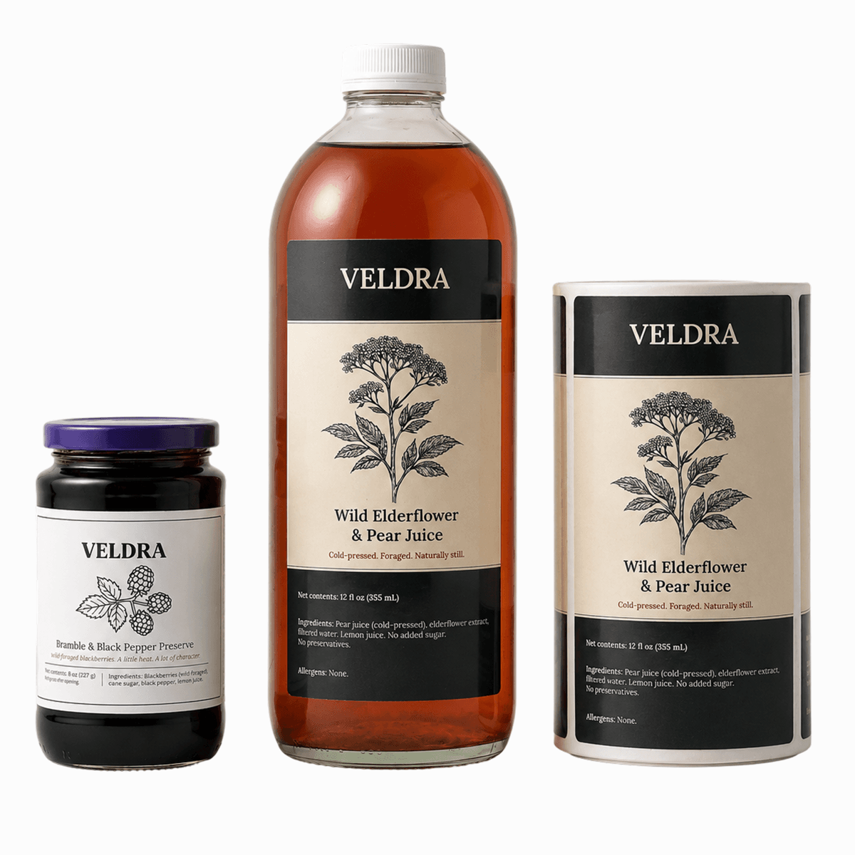 Custom bottle labels applied to a juice bottle and jam jar displayed beside a matching roll of labels.