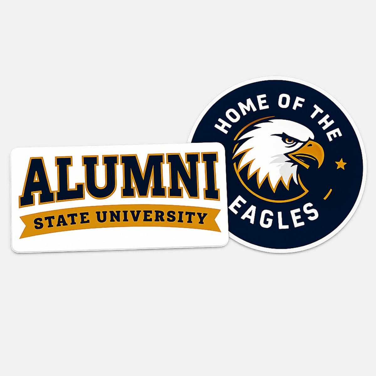 Assortment of custom school spirit stickers featuring alumni and eagle mascot designs displayed on a clean white background.