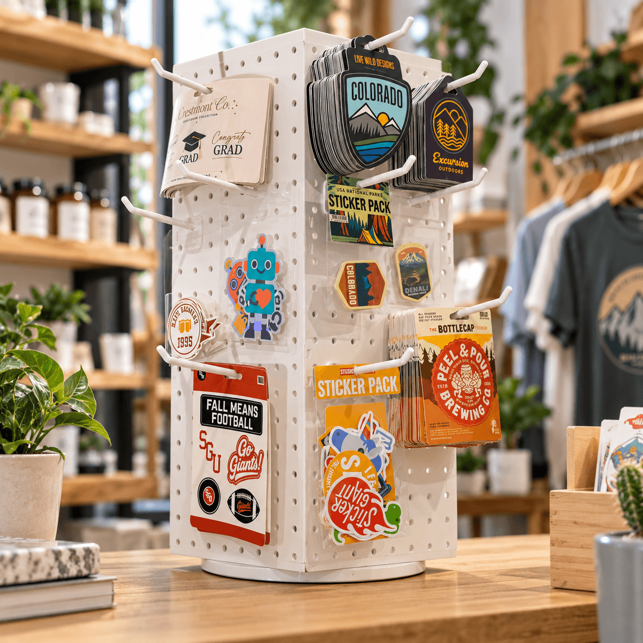 Custom sticker packs and retail ready stickers displayed on a pegboard in a retail shop.