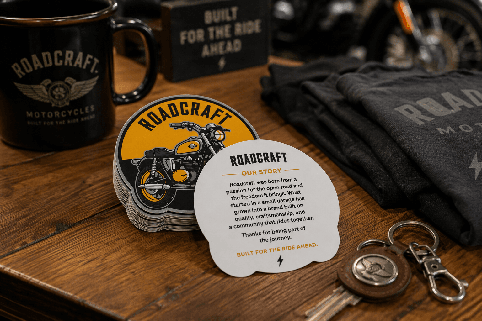 Roadcraft motorcycle stickers with a company story printed on the back.