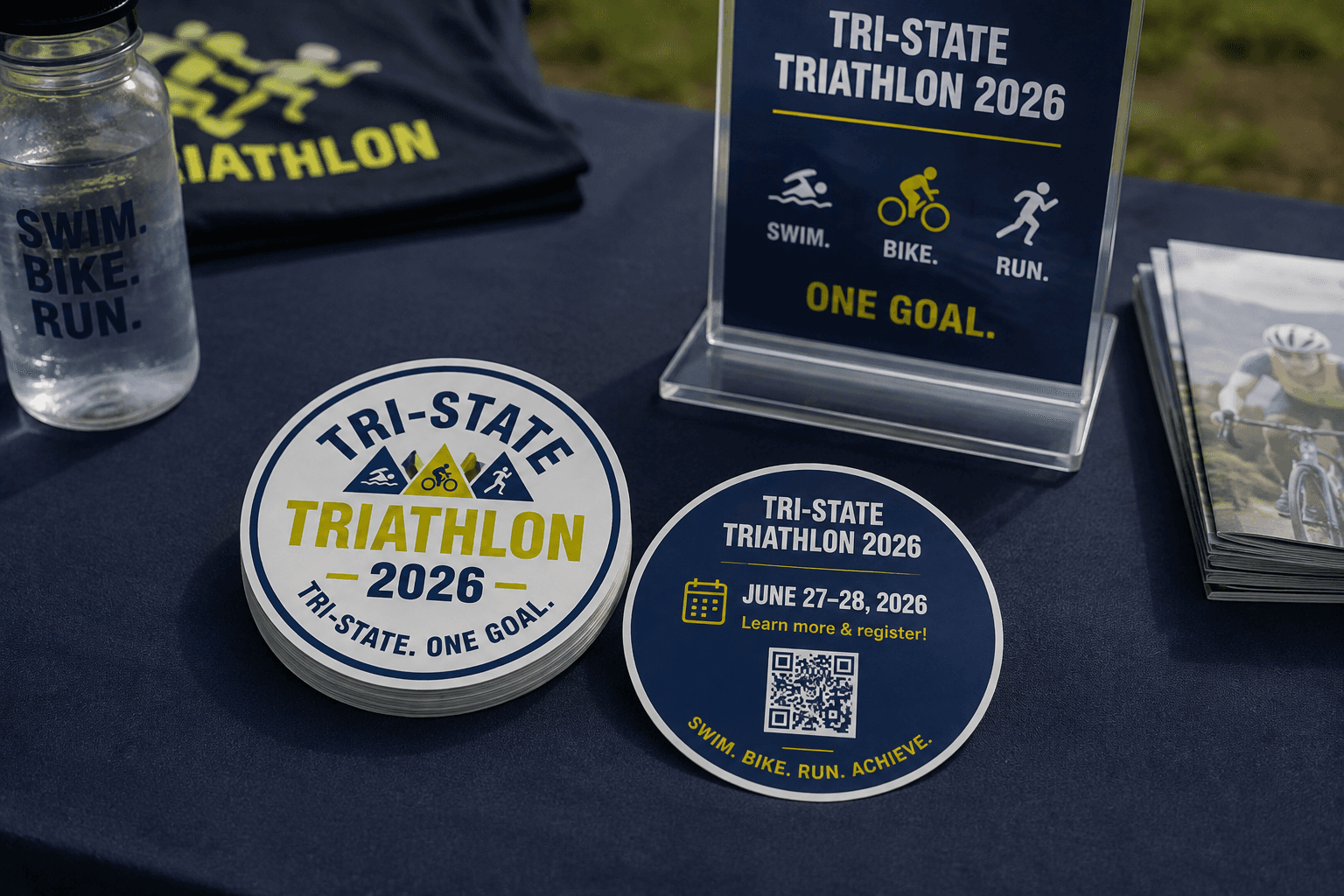 Triathlon event stickers with event dates and a registration QR code printed on the back.