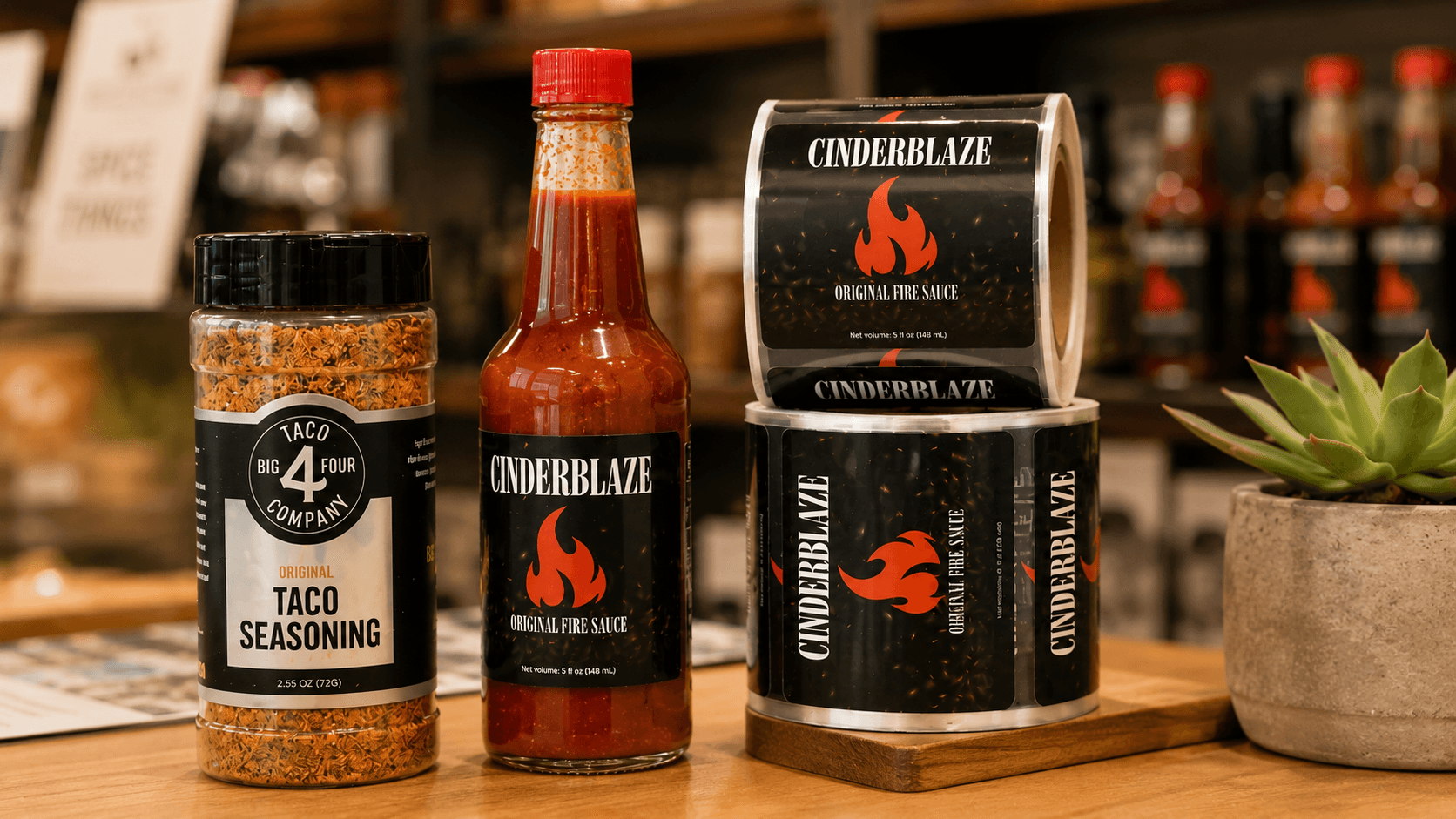 Custom food labels on hot sauce and taco seasoning packaging displayed in a retail environment with roll labels beside the finished products.