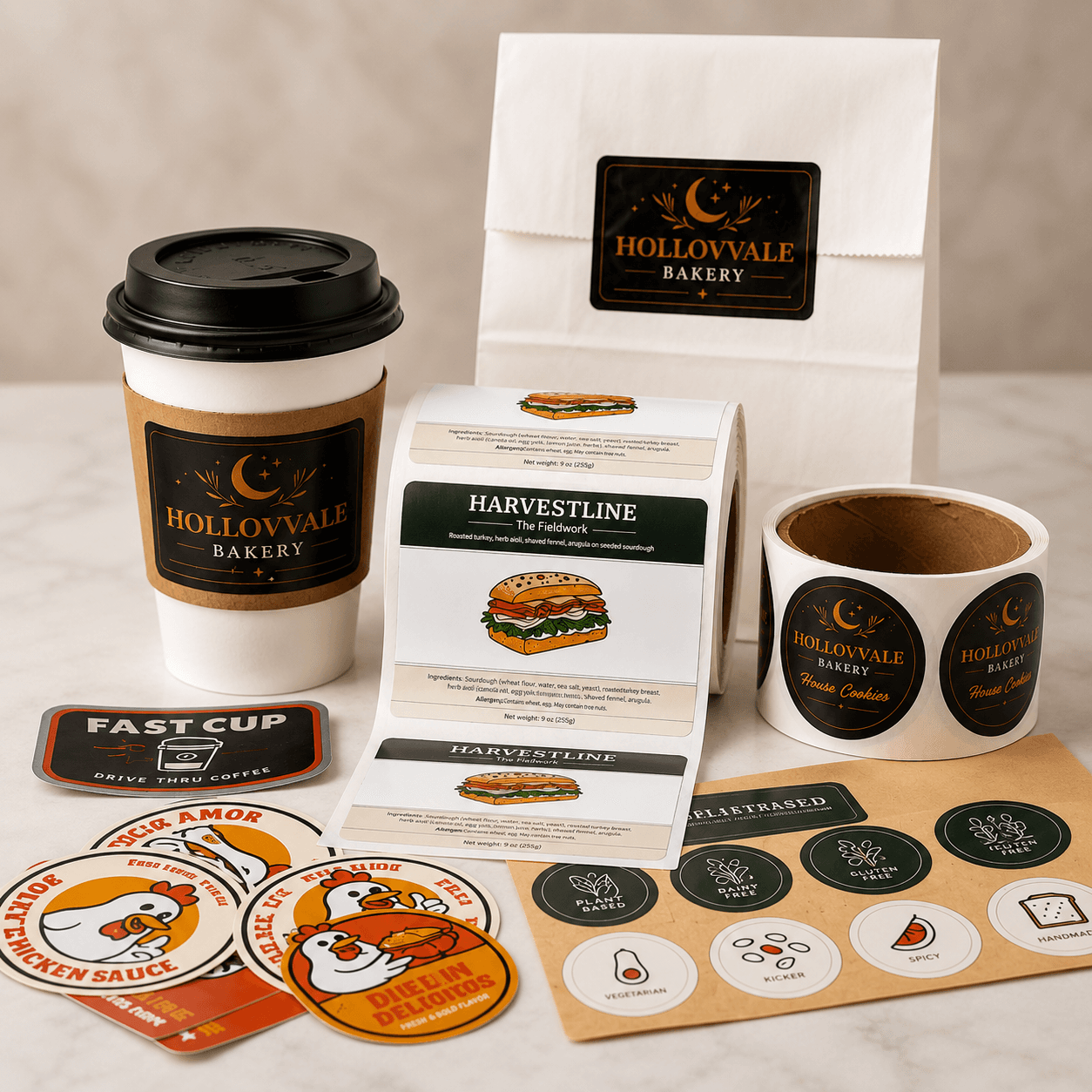 Custom food packaging labels applied to bakery bags, coffee cups, ingredient labels, and food packaging with matching roll labels.