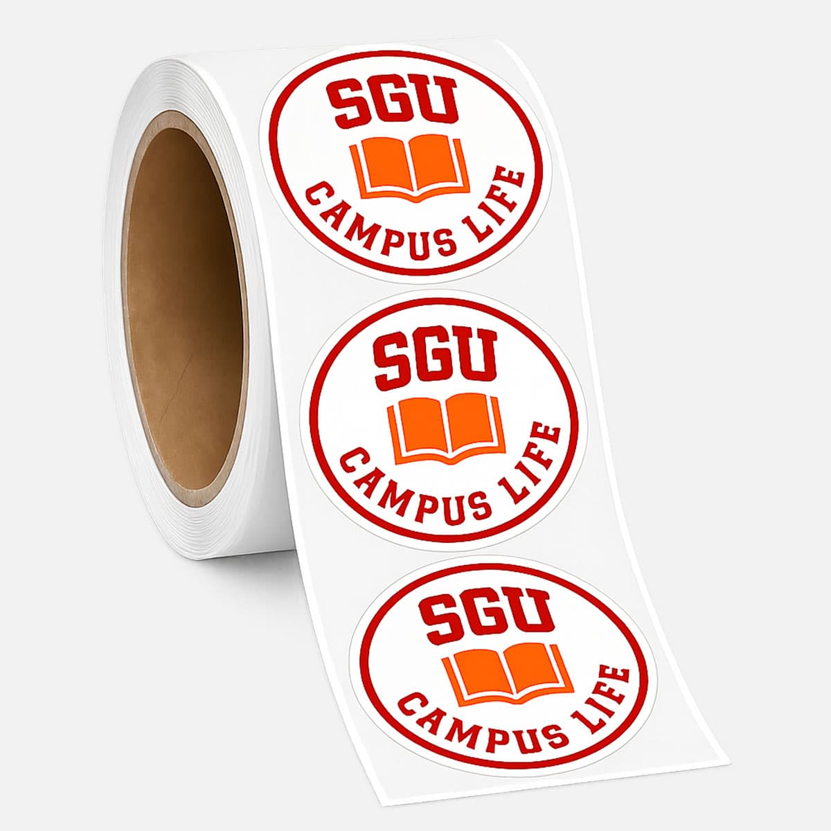 Roll of custom school logo labels featuring a red and orange Campus Life design on a white label stock.