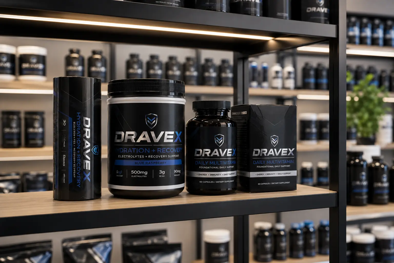 Custom holographic labels on health and wellness supplement packaging displayed in a modern gym setting.