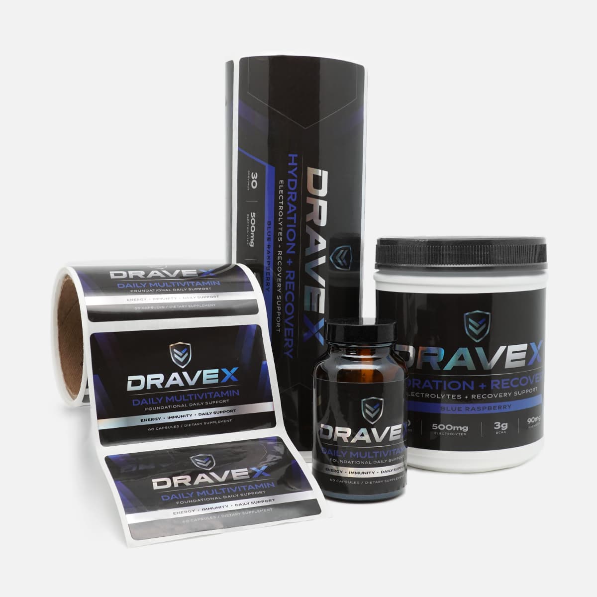 Custom holographic laminated roll labels applied to supplement bottles, pouches, and wellness packaging for health and nutrition products.