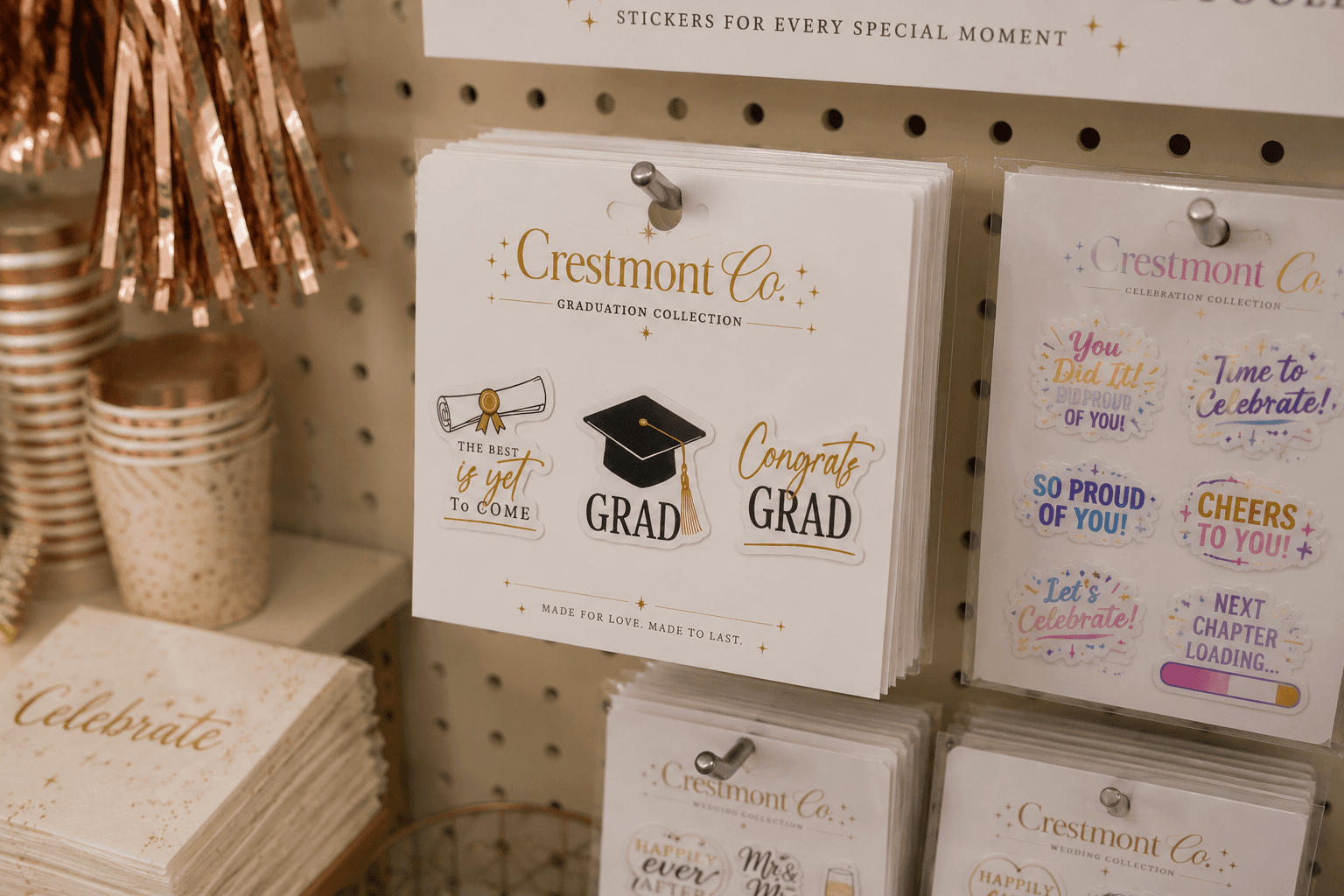 Celebration and party sticker sheets displayed on a retail pegboard with graduation, wedding, and congratulatory designs.