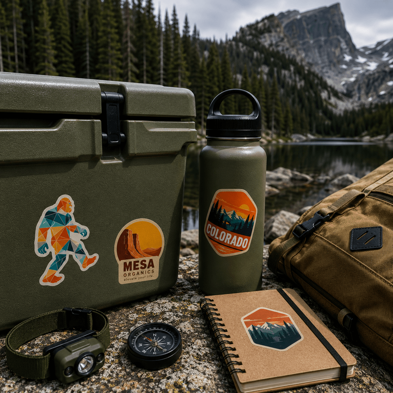 Outdoor stickers applied to a cooler, water bottle, and notebook beside hiking gear overlooking a mountain lake and forest landscape.