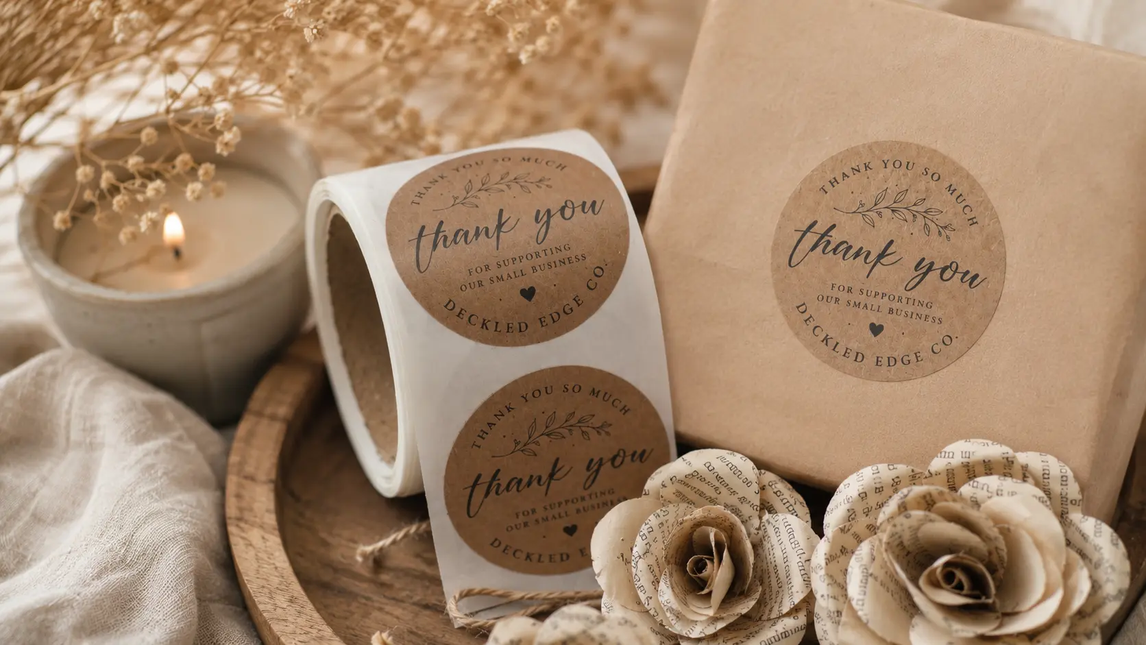 Kraft paper packaging with a custom thank you sticker label roll and branded gift bag for small business packaging.