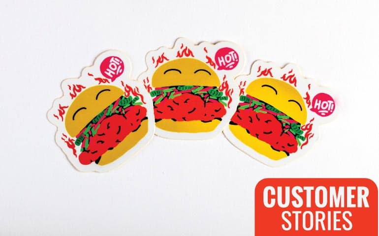 Custom die cut chicken sandwich stickers created for Howlin' Ray's, showcasing branded promotional stickers for restaurant marketing and customer engagement.