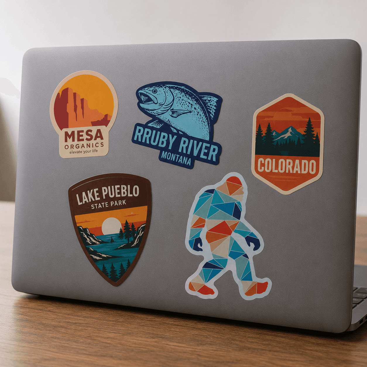 Gray laptop with custom laptop stickers featuring outdoor, travel, and brand designs displayed in a modern office workspace.