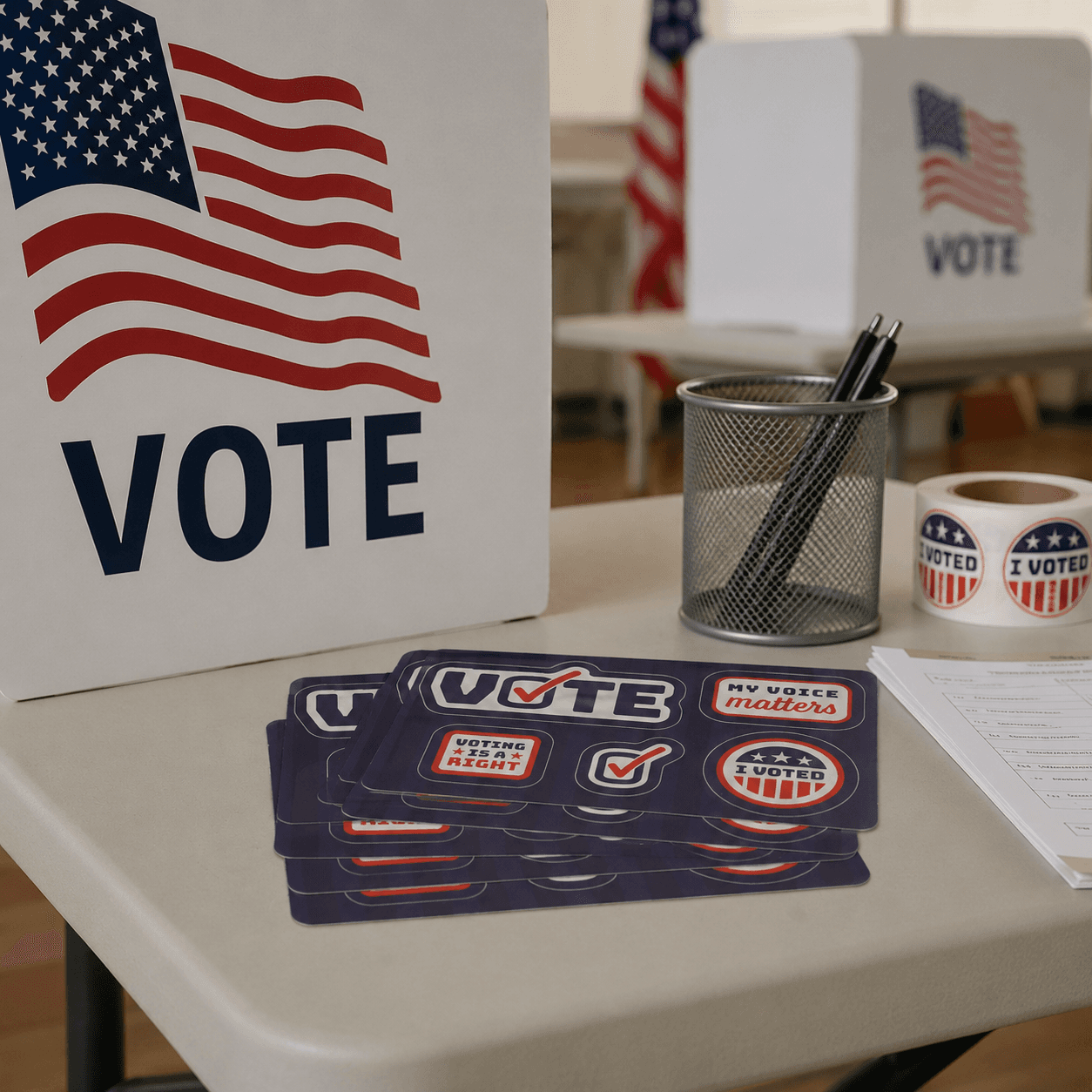 Custom voting sticker sheets displayed on a polling place registration table with election supplies and voting booths in the background.